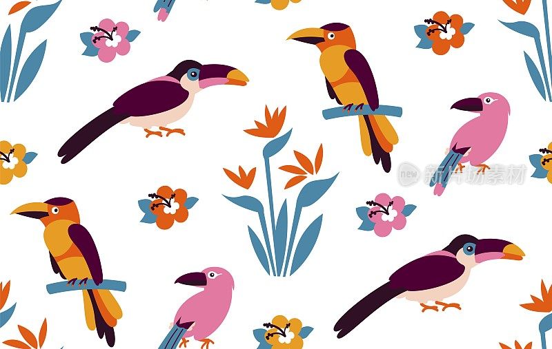 Pattern of tropical birds. Bright exotic tropical birds. Macaw, Cockatoo, flamingo, toucan.